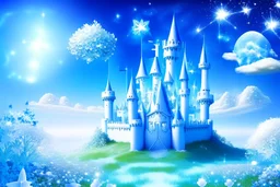 fairy and cosmic landscape with blue grass, magic plants, sky with light and stars. fairy white castle with diamond