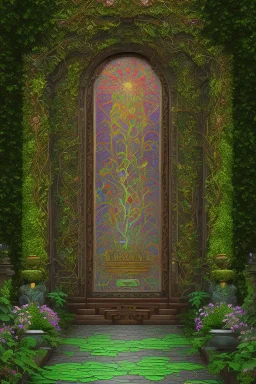 open iron gates made of colorful stained glass, covered in vines, trees, very large entry leading to a lush garden, see lot details in the garden, photo realistic 4k, nature, beautiful hand laid checkered pattern stone walkway path, trending on artstation, sharp focus, studio photo, intricate details, highly detailed, by greg rutkowski