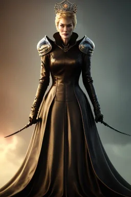 Cersei Lannister as evil queen in black leather coat, busty, cleavage, voluptuous, lena headay, angry, stern look. character design by cory loftis, fenghua zhong, ryohei hase, ismail inceoglu and ruan jia. unreal engine 5, artistic lighting, highly detailed, photorealistic, fantasy