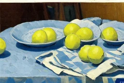 Lemons on a table with a blue napkin, impressionnist oil on canvas by Paul Cézanne, 1887, broad brushstrokes, canvas relief
