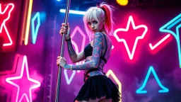 a beauty woman on full body shiny neon tattooes with ultra white-red hair wearing an short unique dress; looking at camera and dancing on stage, holding one pole. She appears to be a performer, possibly a dancer, preparing to entertain an neon color nonfigurative shapes on walls, vibrant neon shapes, , Psychedelics vibe,, vertical lights, alternative punk-metal style atmospheric, smoke, high detalied, high realistic, photorealist