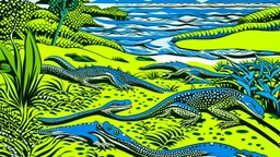 Greenish blue coastal plains with draconic lizards near a beach painted by Roy Lichtenstein
