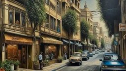 a modern street in Tehran with cafe shops. oil painting