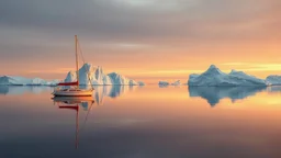 A serene, expansive, arctic seascape bathed in a muted, soft golden light of a gorgeous sunrise. A classic sailboat with a single red sail, crisp and boldly coloured, is off to the left half of the composition, floating on the glassy waters. Its reflection, including the distinct red sail, is mirrored perfectly beneath it in the calm sea. The boat is relatively small, emphasizing the grandeur of its surroundings. Towering icebergs, with intricate textures and nuanced shades of blue