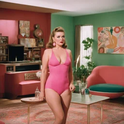 Sigrid Valdis as Hilda in her iconic pink two pieces swimsuit, standing in the living room of an 1970 artist smoking a cigarette in a seventies ambiance; she has two large circle as earrings