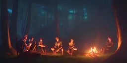 Adventurers resting around a campfire in a forest clearing at night, starry sky, dark fantasy, high detail, high definition