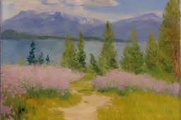 Mountains, lake, flowers, pathway, pine trees, clouds, edouard manet impressionism painting