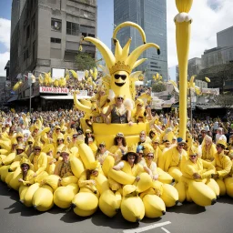 [high res photo by Ralph Steadman] On Banana Appreciation Day, Megcity One turns bright yellow as people wear banana costumes, crowns, and hats. The parade starts with the golden Banana Throne float and dancers dressed as dancing bananas. Huge inflatable bananas bounce above the cheering crowds. Performers play silly “banana games,” from juggling to scooter races and banana bowling.