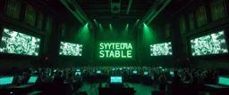 giant industrial halls green tube lighting choir vocals ancient-celtic-meets-cyberpunk imagery synchronized mechanical drumming flickering CRT screens saying "SYSTEMA STABILE"