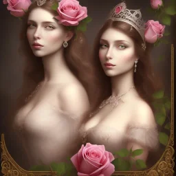 portrait borders Princess with big bobs long hairs black eyes no top inside sphere with roses