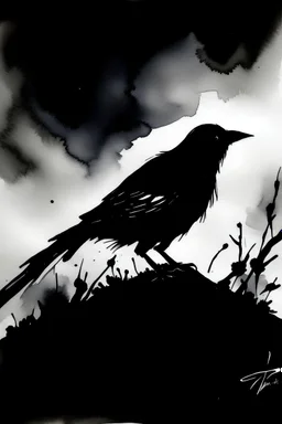 A simple Bird silouette in a dark atmospheric place. Watercolor. Total black, noir, terror.