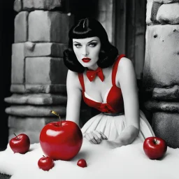 [high res colourful photo by Helmut Newton] snow white eats the flashy red apple