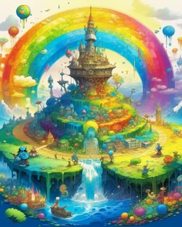 A rainbow kingdom with elements, tactics, and biology painted by Alan Sorrell