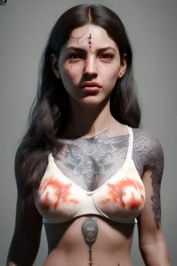 Ultra Realistic image, Rosalía artist, portrait, small complexion, natural small busty, traditional Japanese tattoo, jakuza style, vibrant color, highly detailed, art stations, concept art, smooth, unreal engine 5, god rays, ray tracing, RTX, lumen lighting, ultra detail, volumetric lighting.