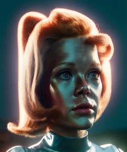 Ultra Realistic retro sci-fi movie, people, classic ovni, 1960 year, waist up view portrait, blonde woman, sweet teenager Jane Fonda face, perfect cyan iris, glow eyes, face makeup, tight latex coat, retro glass helmet, Retro sci-fi style, soft color, highly detailed, unreal engine 5, ray tracing, RTX, lumen lighting, ultra detail, volumetric lighting, 3d, finely drawn, high definition, high resolution.