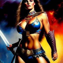 portrait oil on canvas,beautiful busty Female Warrior, minimal armor,comic book cover, mystical colors,insanely detailed,realistic,intrincate detail, 16k resolution, masterpiece,Simon Bisley,Frank Frazetta,Alex Horley,ARTHUR ADAMS