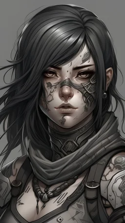 Realistic brutalist anime art style. A woman, lean, porcelain skin with scars. A grey blindfold covering her eyes. Semi-long dark hair with wavy texture. With many tattoos and piercings. Wearing an leather armor with faint patterns.