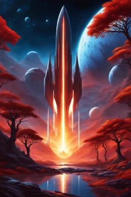 [spaceship, art of Chris Moore] The Stellaris nears the blue planet,Its red forests beckon with allure.The starship descends, flames ablaze,Through the celestial descent it endures.Stepping onto the crimson soil,The crew is awestruck by the vista.Towering trees, aglow with inner light,Creatures dart amidst the surreal landscape.