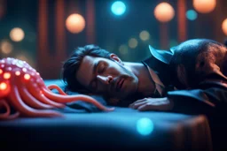 magician sleeping too close to a wild magic vampire squid containing plasma in the style of tron movies , bokeh like f/0.8, tilt-shift lens 8k, high detail, smooth render, down-light, unreal engine, prize winning