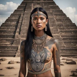 a lone feral indigenous girl stands before the enigmatic reptilian god atop the sacred Mayan pyramid. Adorned in tattoos that tell tales of forgotten rituals and tribal wisdom, she moves with a primal grace that speaks of generations past. Her military uniform, now transformed into a garment woven with intricate Maya symbols and patterns, clings to her lithe form in a seductive embrace. The jewelry adorning her body glimmers in the psychedelic light, casting a mesmerizing glow that hints at secr