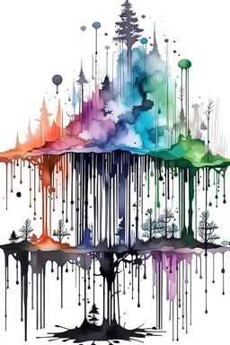 create cover paint,Watercolour effect, waterfall forest ink blot test, white background, muted colour's.no black outline, no black colour only white more watercolour blobs, no black outline, other coloursstyle coloring book