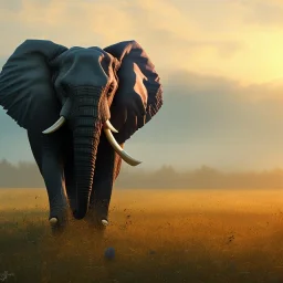 elephant standing in field of grass, trees, sunset, profile, mist, peaceful dynamic lighting hyperdetailed photorealistic detailed matte painting 8k resolution panorama diffuse light