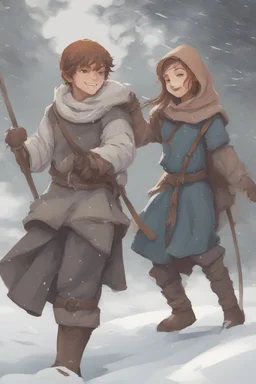 DnD style, two medieval peasant kids playing in the snow male and female, age 14 and 15, happy and playful