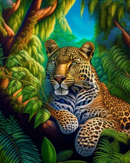 Leopardo en la Selva cuerpo completo árboles detallados elegante obra de arte colores contrastantes pintura al óleo detallada hiperdetallada impactante intrincada sombra 3D arte gráfica iluminación cinematografica 8k 3D cielo soleado nubes coherente