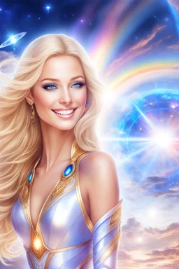 cosmic woman smile, admiral from the future, one fine whole face, crystalline skin, expressive blue eyes,rainbow, smiling lips, very nice smile, costume pleiadian, Beautiful tall woman pleiadian Galactic commander, ship, perfect datailed golden galactic suit, high rank, long blond hair, hand whit five perfect detailed finger, amazing big blue eyes, smilling mouth, high drfinition lips, cosmic happiness, bright colors, blue, pink, gold, jewels, realist, high commander