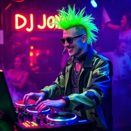 A DJ performing at dance club, his name DJ JüRGEN and looks crazy, crazy green hair with crazy outfit. Neon lights and smog, DJ JüRGEN SIGN ON WALL