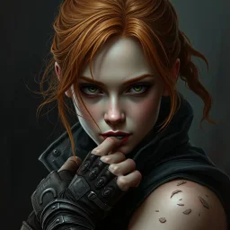 a beautiful fantasy woman, young, ginger hair, troubled, assassin, dark fantasy art