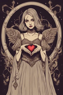 Wizard vintage girl with heart in her hands, half demon and half angel, dark tones half and high lighting half,