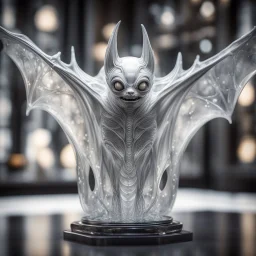 giger escher bat sculpture in transparent white murano glass,bokeh like f/0.8, tilt-shift lens 8k, high detail, smooth render, down-light, unreal engine,bokeh like f/0.8, tilt-shift lens 8k, high detail, smooth render, down-light, unreal engine