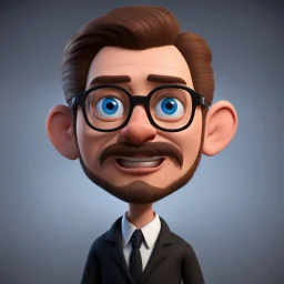 a portrait of western man. caricature. brown short hair. light skin. blue eye pupils. rectangle eyeglasses, black frame. heart face shape. has a lot of goatee. wear black formal dress. pixar style. 3D. 4k. portrait. highly detailed. sharp focus. high resolution. full color. cinema lighting