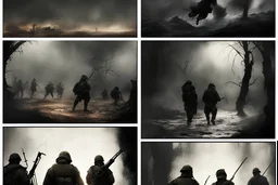 Masterpiece1:5)(Fineart), (award-winning:1.5), highest quality, (ultra realism:1.5) digital painting (by Alex Howitt, Bess Hamiti, Guy Aroch:1.8)),(Eastern Ukraine:(panel one:the moment after a battle ends, horrors of war, wounded men),(2nd panel, cinematic shot of men sitting in trench with 1000 yard stare (focus on their eyes:1.5)),(the third panel shows troops tired but hyper alert), (the fourth panel shows the sky is filled with incessant, fire and smoke everywhere,)