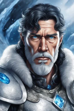 1older man, with blue eyes and black hair man in silver Viking armor with fur around the neck with blue crystal on his chest , in the artic, warrior in anime style,