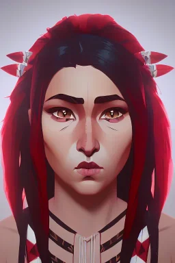 A beautiful portrait of a cute Native American woman with small horns, red color scheme, high key lighting, volumetric light high details with white stripes and feathers