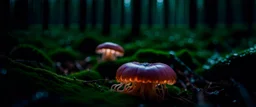 JellyFish Fungus, fungal,bio luminous, floating in a forest, Alberta, scientist, Dystopian, Hyper detailed, Realistic, Extreme depth of field, bokeh blur, Alberta all-natural, in the style of candid, imperfection, natural lighting, cinematic, Fuji Film, Anamorphic lens, 2040s, --ar 4:5 --w 150 --style raw