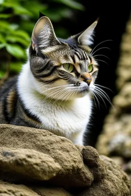 Portrait of a cat next to The rock