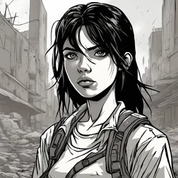 Portrait, girl character with black hair, t-shirt comic book illustration looking straight ahead, post apocalypse