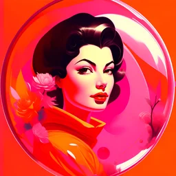 Retro futuristic, pink and orange, ava Gardner, in a bubble, flowers