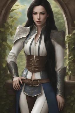 pale skin, model figure, realistic, female half elf, beautiful, young, dark hair, long and subtle stylish layer straight hair style, front view, intricate white leather armor with blue streaks, dark aristocrat pants, standing, blue detailed plating, detailed part, brown dark eyes, green garden background behind window, dawn, full body shot, looking at viewer, detailed eyes