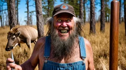 Highly stylized, group 64k Ultra High Definition photography featuring elderly chubby drunk stoned crazy lost their minds kentucky hill billy farmers , with exaggerated facial features wearing a cap, including large, extra wide eyes, a broad grin with rotten holed teeth, and long wild beard, spiky grey and black hair. The character has a pale skin tone and is dressed in a tattered blueoveralls outfit . Hunting a white tail buck in a forrest while holding a spiked baseball bat --ar 9:16--style ra