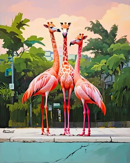 three giraffe-headed flamingos with giraffe neck and head and giraffe pattern standing on the kerb in a street of a cyberpunk city, acrylic and oil, minimalist, cinematic, dramatic, (glitch deconstruction:1.7), centered,, amazing verticals, excellent parallels