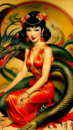 Betty page art from japanese style 1900 traditional dragon