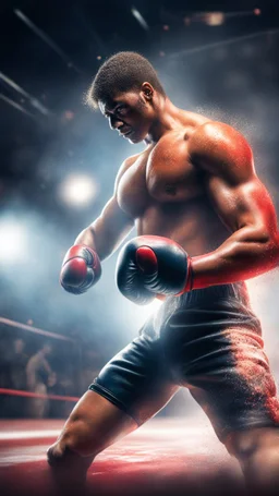 knock out in the ring, picking up body, in spotlight, magazine cover illustration with spray paint, signed, bokeh like, down-light, unreal engine, prize winning