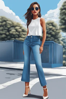 Build artwork from the years 2020 - 2023, a girl with the CLASSIC BLUE lifestyle, clothing: jeans, cropped, a shade of blue defined as timeless, simple and elegant. do it with your best graphic quality, use a smooth, high-quality texture, close to perfection, highly detailed, soft and sharp focus, illustration, high definition, accent lighting, contrasted with matt and dirty colors, by Squal92i