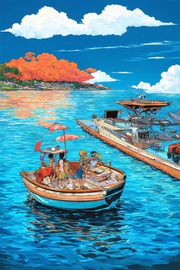 on the boat on a long journey birdseye view, japanese modern pop art