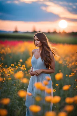 Young woman in flower field in the evening,f16,long distance focus