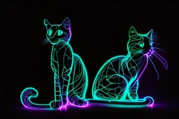 black background, outlines of a holographic question mark and contented cat drawn from thin neon-coloured glowing lines